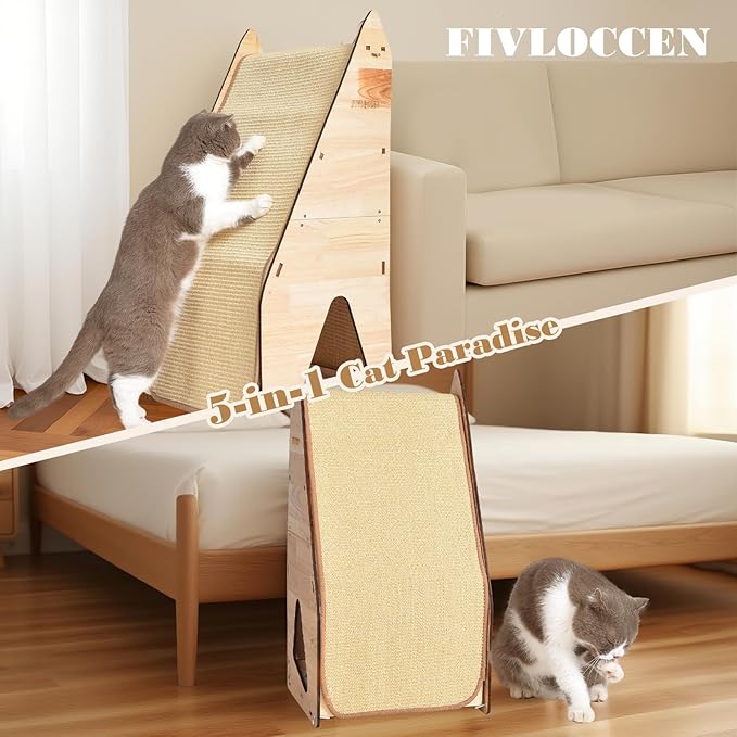 32in Cat Scratching Posts for Indoor Cats: Replaceable Sisal Mats & Sturdy 3D Wood Frame, Integrated Cat Condo, Hideout, Tunnel, All-in-One Space Saver for Multi-Cat & Budget-Friendly Homes