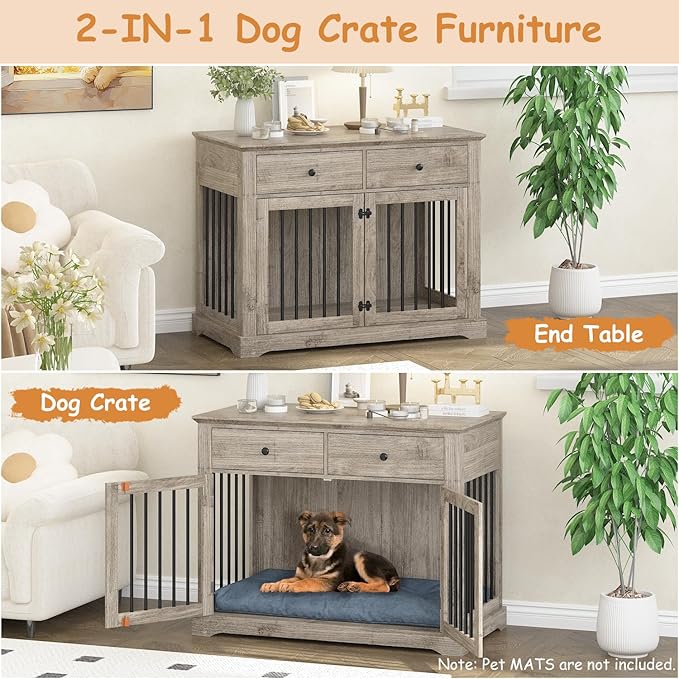 Dog Crate Furniture, 44 Inch Wooden Dog Kennel Indoor with 2 Storage Drawers, Heavy Duty Large Crate Furniture, Decorative End Table Cage Furniture for Small/Medium/Large (Grey)