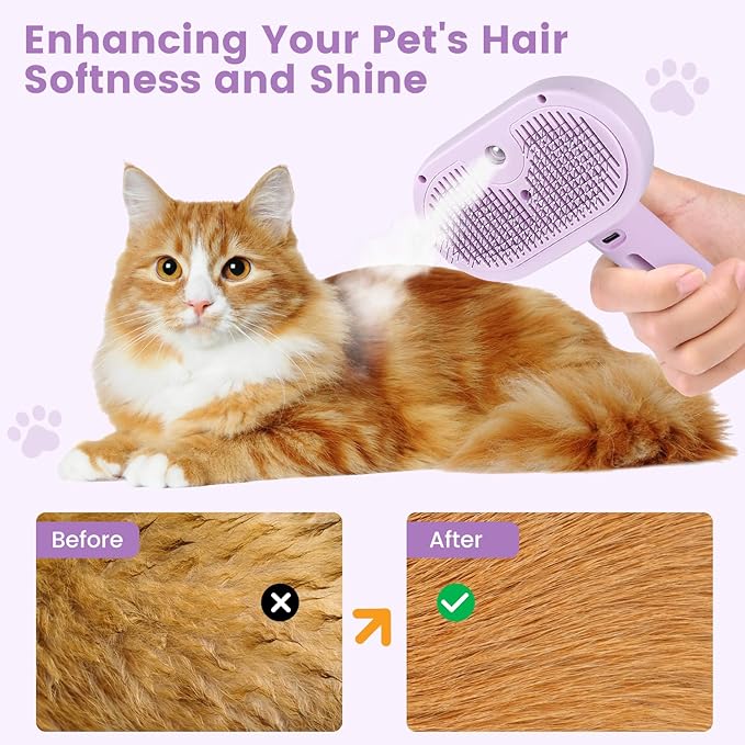 3 in 1 Cat Steam Brush, Pet Spray Hair Removal Comb for Shedding & Grooming, Water Brush for Cats Dogs Small Animals Long Short Haired with One-Click Release Button(Purple)
