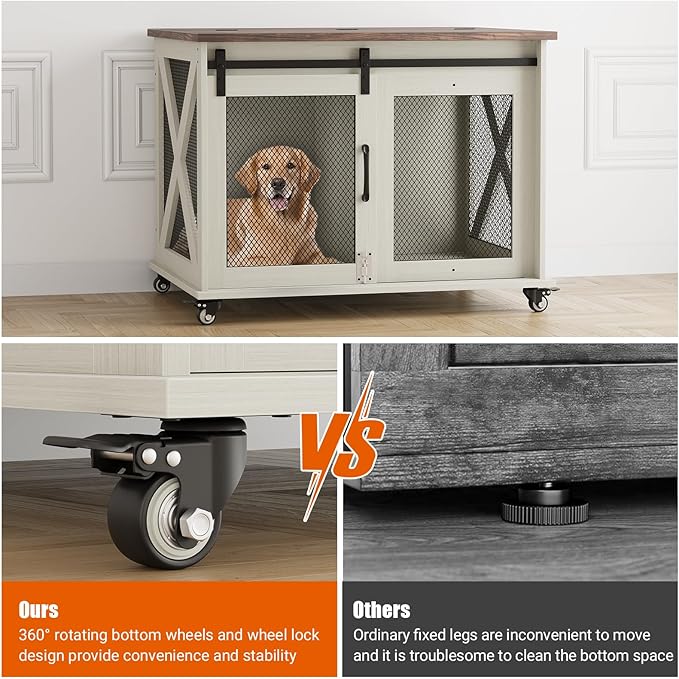 Dog Crate Furniture,37 Inch Indoor Dog Cage with Sliding Barn Door, Flip Top Dog Kennel End Table with Removable Divider, Farmhouse Wooden Pet House for Small to Middle Size Dogs