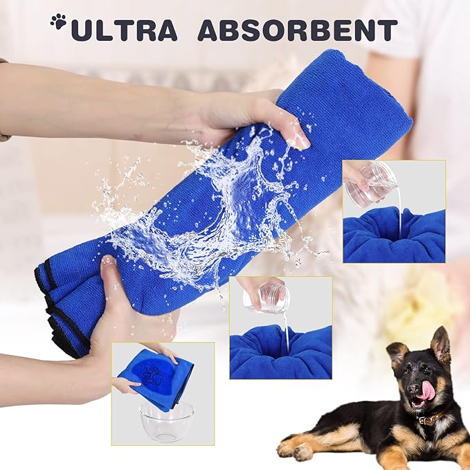 Chumia 4 Pack Dog Towels for Drying Large Microfiber Grooming Tools Absorbent Soft Bath Supplies with Embroidered Paw for Small Medium Pet Products(30 x 50 Inch,Blue)