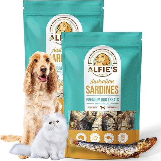 ALFIE'S TREATOS Sardines for Dogs & Cats (5.3 oz, 2x2.65 oz), Value Bundle, Air-Dried Fish Dog Treats, Omega-3 Food Topper, Single Ingredient, Australian Wild-Caught, Freeze-Dried Alternative