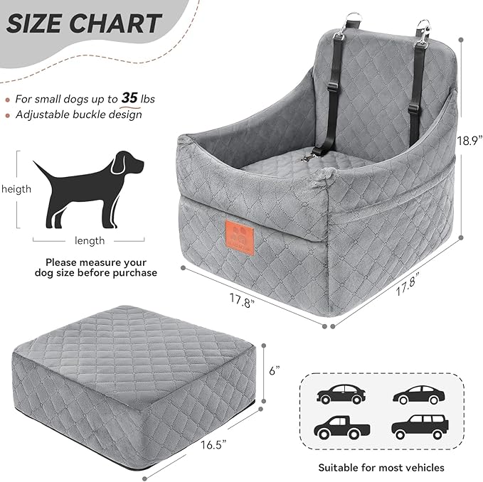Dog Car Seat for Small/Medium Dogs, Dog Booster Car Seats with Thick Cushion for Dogs Under 35lbs, Detachable Washable Pet Car Seat with Storage Pockets, 2 Safety Belts