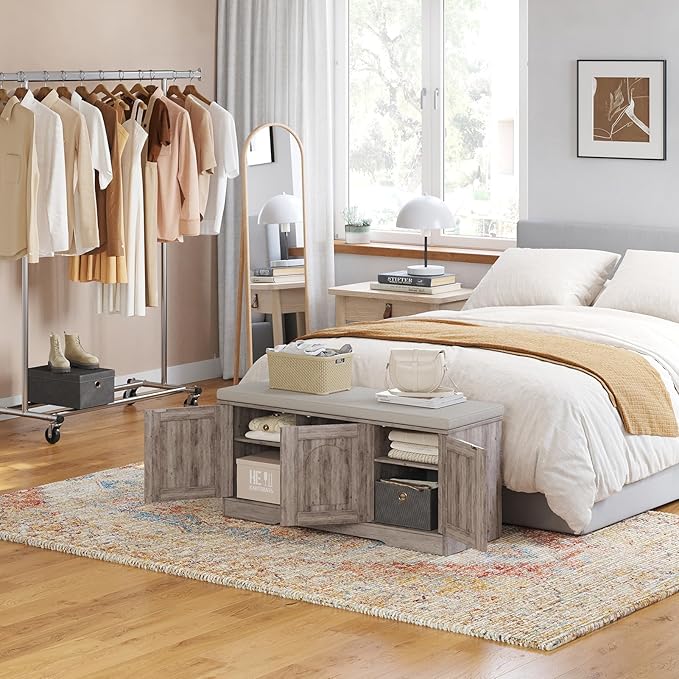 DINZI LVJ Shoe Bench, Entryway Storage Bench with Doors, Cushion, 2-Tier Shoe Rack with 6-Cubby, 39.4”L x 13.8”W Shoe Organizer Cabinet, Adjustable Shelf, Living Room, Bedroom, Greige