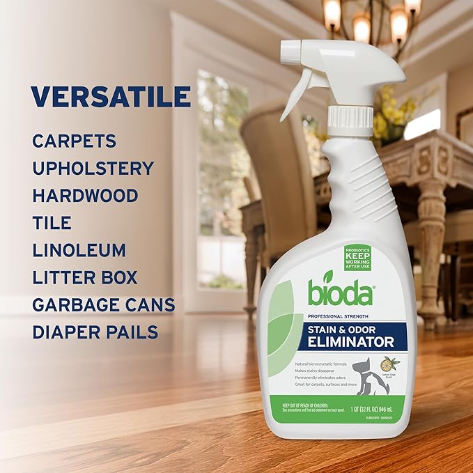 Bioda Commercial Strength Enzymatic Stain & Odor Eliminator for Pets | Industrial-Grade Formula Removes Dog and Cat Urine | USA Made Carpet Spot Cleaner | 32oz Sprayer