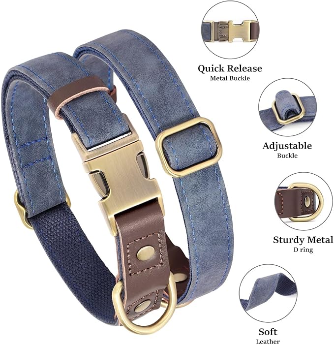 Didog Soft PU Leather Dog Collars for Small Dogs,Classic Adjustable Dog Collars with Quick Release Metal Buckle,Easy Clean and Comfortable with Nylon Lining,Blue,S Neck 10-15"