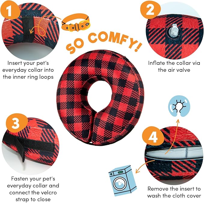 BENCMATE Inflatable Dog Cone Collar Alternative, Soft Dog Cone for Small Medium Large Dogs and Cats, Neck Recovery ECollar Donut Collar After Surgery (Large, Plaid)