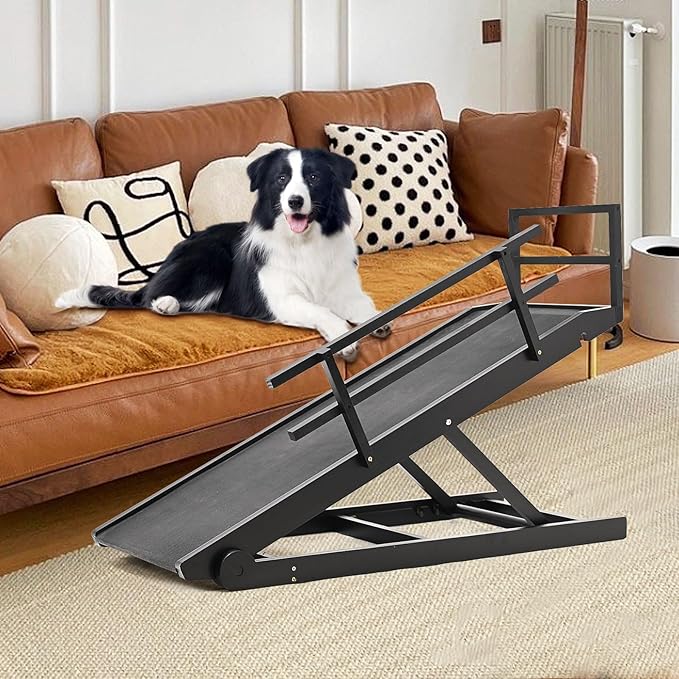 Dog Ramp for Bed, Adjustable Pet Ramps for Dog to Get on Bed, Non-Slip Rubber Surface - Folding Wooden Dog Ramp for Small/Large/Old Dogs, Adjustable up to 27.5 inch High Beds, Safety Railings