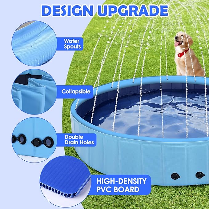 87" Large Dog Pool with Sprinkler, 2-in-1 Foldable Swimming Pool Non-Slip Hard Plastic Splash Sprinkler Kiddie Pool for Outdoor Backyard Kids Dogs Ducks and Pet Baths