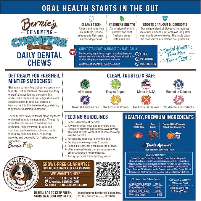 Bernie's Charming Chompers - Daily Dental Chews for Dogs 15-25 Lbs. - 30 Count - Cleans Teeth, Freshens Breath, + Boosts Oral-Gut Microbiome. Easy to Digest, Supports Healthy Digestion Naturally