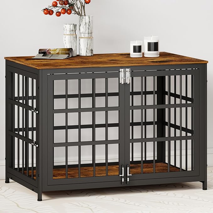 38 Inch Heavy Duty Wooden Dog Kennel End Table with Double Door Design and Secure Locks, Indoor Pet Crate Furniture for Medium Dogs, Decorative Home Cage Design,Aged Black