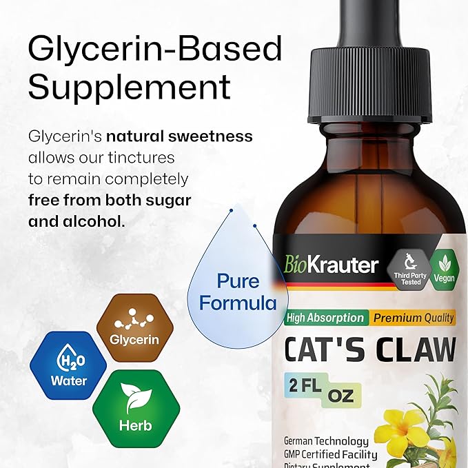BIO KRAUTER Cats Claw Tincture - Vegan Cat's Claw Supplement - Immune Support - Alcohol & Sugar Free Extract - Vegan Drops 2 Fl.Oz.