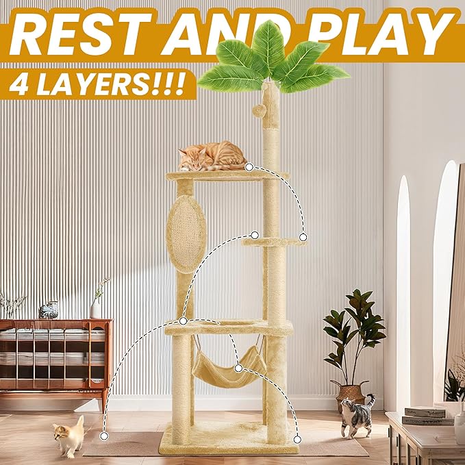 55 Inch Large Cat Tree Tower for Indoor Cats with Hammock Green Leaves Sisal Scratching Post, Plush Hang Ball Play Furniture for Kittens & Adult Cats, New Beige