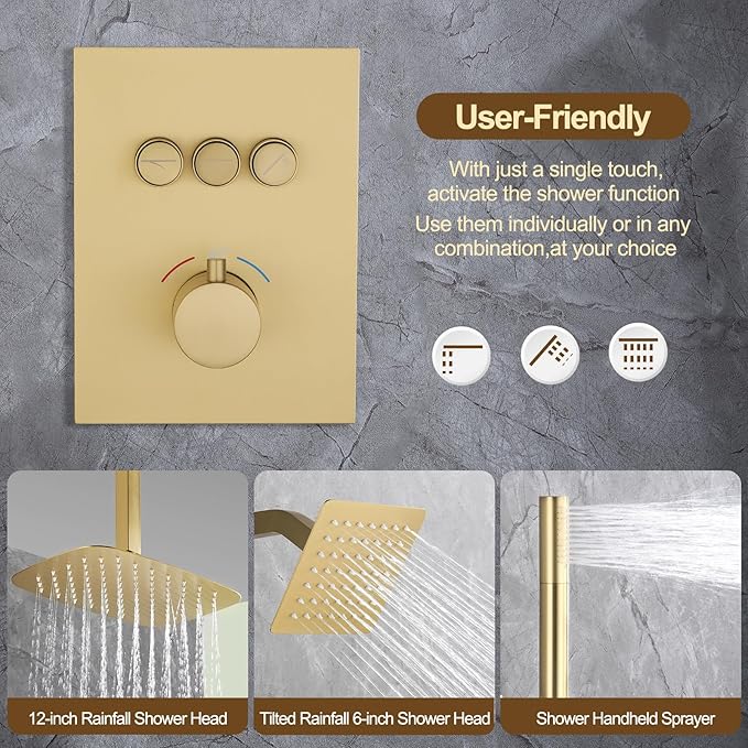 12 Inch Rain Shower System, Brushed Gold Shower Faucet Set with Push Button Diverter, 6 Inch Wall Mounted 3-Functions Bathroom Shower Systems with Dual-Function Handheld (Thermostatic, Gold Brushed)