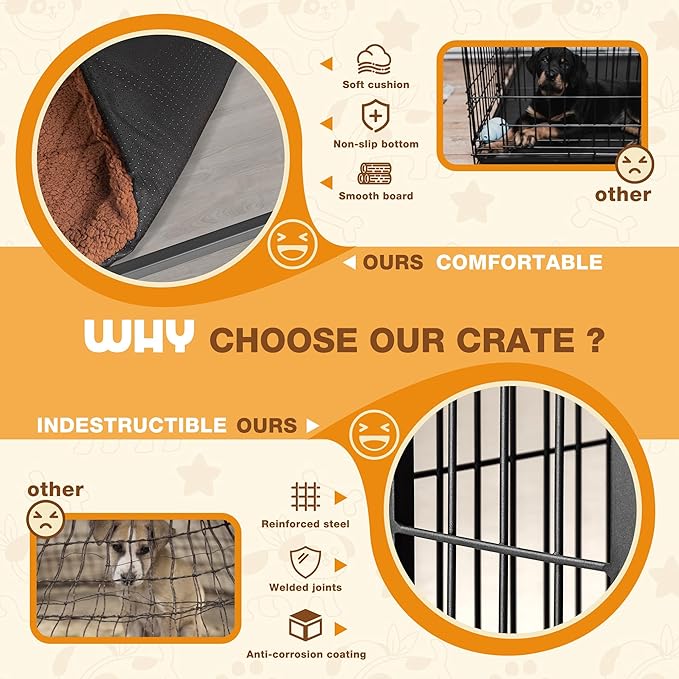 Bigrab Dog Crate Furinture with Thick Cushion, Side End Table Wooden Dog Cage with Double Doors, Chew-Resistant Dog Kennel Dog House Indoor for Small to Large Dog, L (Grey)