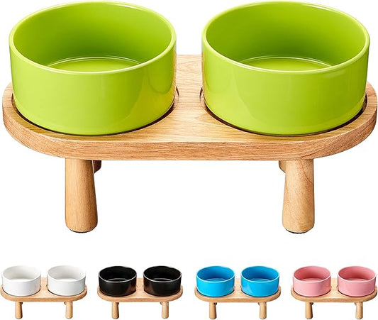 Ceramic Elevated Dog Bowls, Pet Food and Water Bowl Set for Large Dogs, 7.5 Cups Dog Bowls Raised with Wood Stand, 61OZ, Green