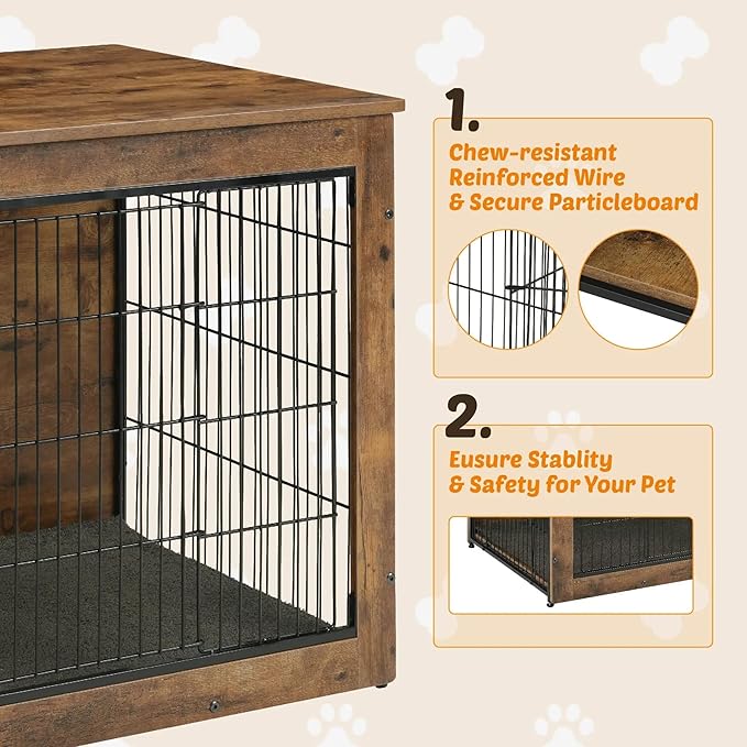 Dog Kennel Furniture, Wooden Dog Crate End Table, Heavy Duty Dog Crate, Decorative Pet Crate Dog Cage for Large Indoor Use (Rustic Brown) 39" L×26" W×27" H