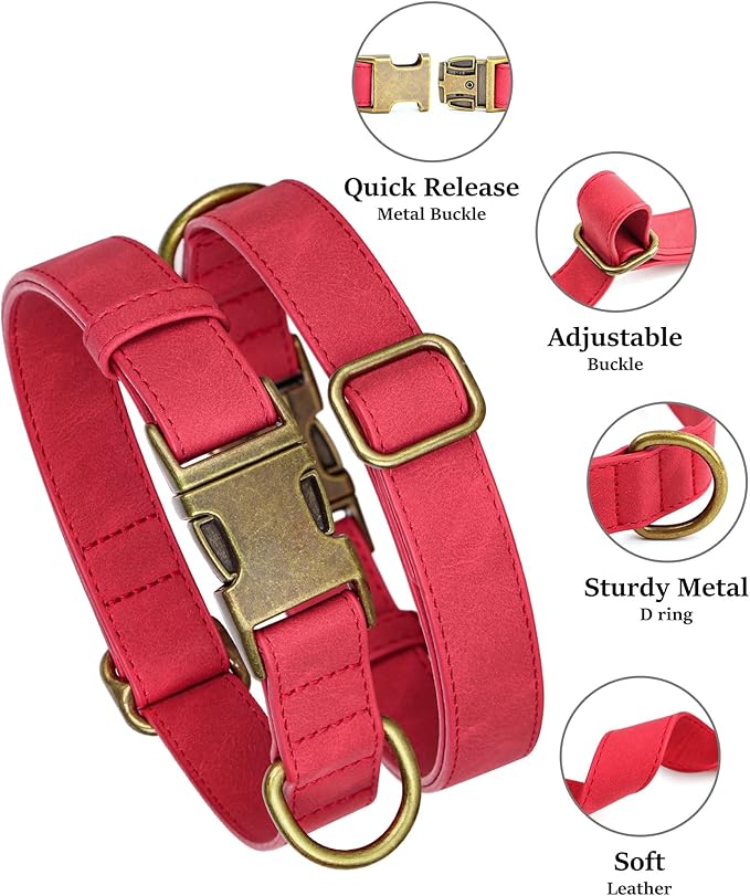 Didog Soft PU Leather Dog Collar, Stylish Quick Released Dog Collars for Small Dogs, Easy Clean Adjustable Pet Collar for Daily Walking, Red, S Fit 10-16" Neck
