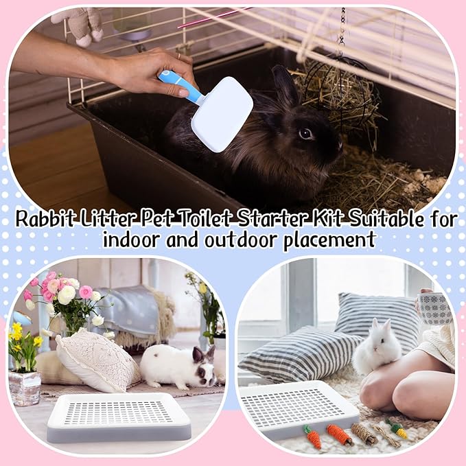 19 Pcs Rabbit Starter Kit Small Bunny Litter Box Animal Grooming Kit Water Bottle Bunny Toys Hay Feeder Bowl Blankets with Cleaning Set for Guinea Pig Rabbit Accessories