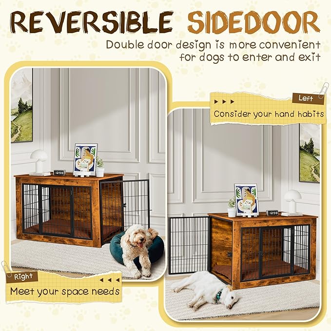 Bigrab Dog Crate Furniture with Thick Cushion, Side End Table Wooden Dog Cage with Double Doors, Chew-Resistant Dog Kennel Dog House Indoor for Small to Large Dog, L