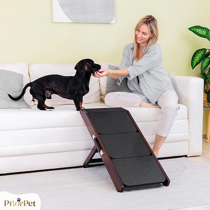 Dog Steps for Bed & Couch 2-in-1 Dog Stairs/Ramp - Height Adjustable Dog Ramp for Couch 7” - 20” - Pet Stairs, Dog Stairs for Small Dogs - Easy to Move Pet Steps with Landing Platform, Walnut