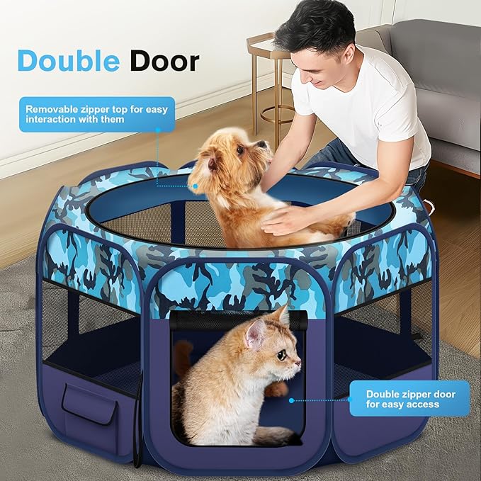 Dog Playpen, Pet Playpen, Portable Cat Playpen, Foldable Puppy Playpen Exercise Kennel Tent with Carry Case Collapsible Bowl,Water-Resistant Shade Cover for Indoor Outdoor Travel （Bule,Medium）