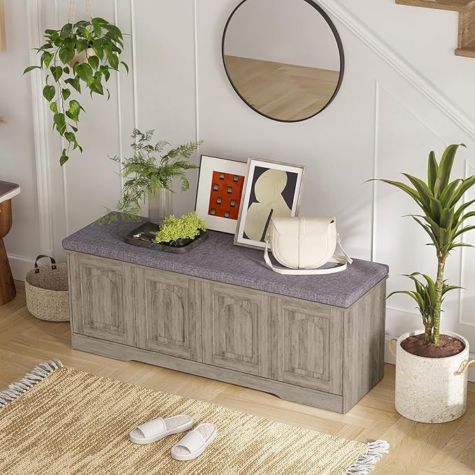 DINZI LVJ Shoe Bench, Entryway Storage Bench with Doors, Cushion, 2-Tier Shoe Rack with 8-Cubby, 47.2”L x 13.8”W Shoe Organizer Cabinet, Adjustable Shelf, Living Room, Bedroom, Gray Wash