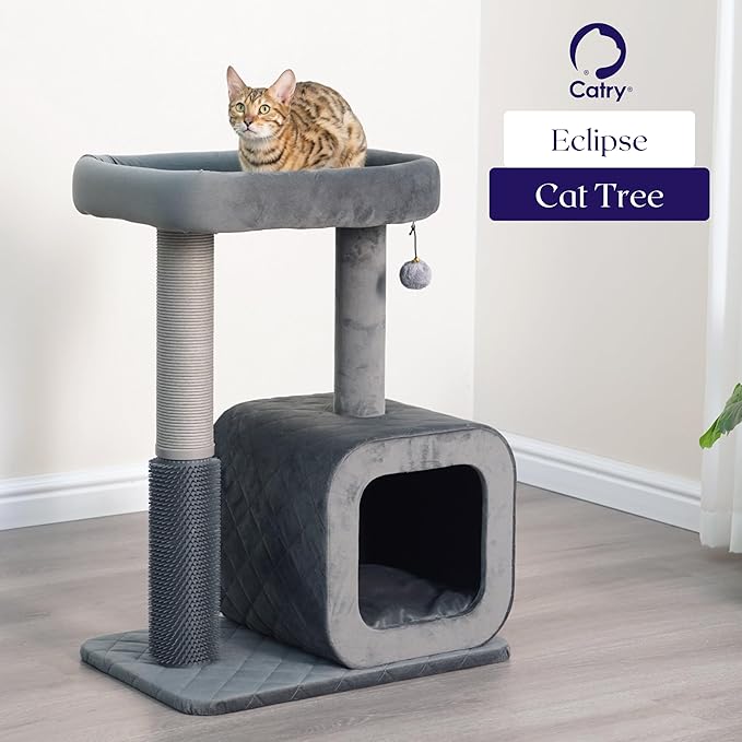 Catry 30" High 3 Level Modern Cat Tree with Large Base Condo,Removable Washable Top Bed, Recycled Paper Scratching Post, Self Grooming Brush, for Small Medium Cat(Dim Gray)