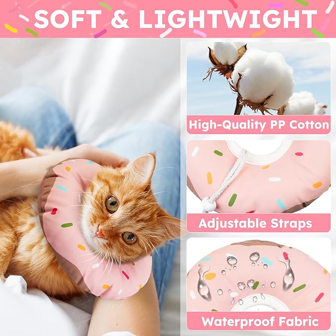 Cat Cone Collar Soft, Waterproof Cat Recovery Collars Spay Cones to Stop Licking Cute Donut E Collar After Surgery Anti-Lick Wound Healing Safety Elizabethan Collar for Kittens (Donut Pink, Large)
