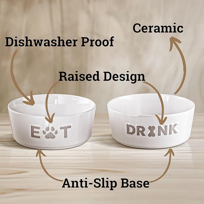 Ceramic Dog Bowl Set of 2 with Anti-Skid Base - 5" Wide x 2" Tall Ceramic Dog Bowls for Small Dogs - 2 Cup Capacity Food and Water Bowls for Dogs - Rubber Bottom Pet Bowl Set of 2 for Small Pets