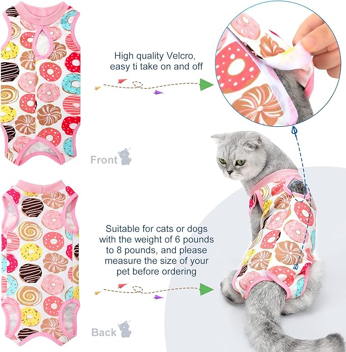 4 Pieces Cat Recovery Suits Body Wraps Breathable Kittens Recovery Clothes for Cats Small Dogs Abdominal Weaning(Banana, Football, Strawberry, Donut,L)