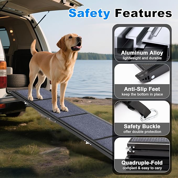 AQUILLA Dog Ramp for Car, 71" Extra Long Folding Dog Ramp, Anti-Slip Felt Surface, Lightweight Pet Ramps for Large Dogs, Portable Outdoor Dog Car Ramp for SUV, Truck, Up to 250LBS (71" L x 19.7" W)