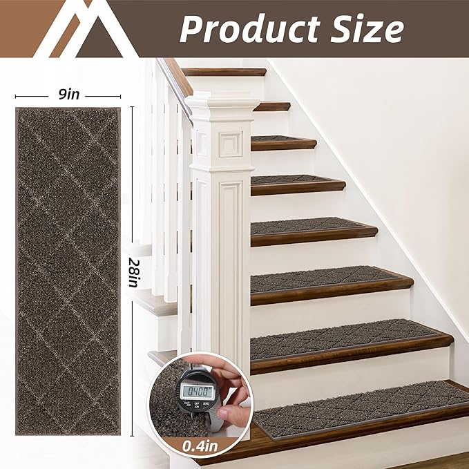 COSY HOMEER Edging Stair Treads Non-Slip Carpet Mat 28inX9in Indoor Stair Runners for Wooden Steps, Edging Stair Rugs for Kids and Dogs, 100% Polyester TPE Backing (10pc, Brown)