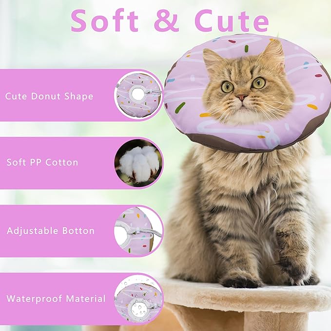 Cat Cone Collar Soft, Adjustable Cat Recovery Collar Kitten Cones to Stop Licking, Cute Donut Collar After Surgery, Cats Neck Pillow Cone Elizabethan Cones of Shame (Waterproof Purple, Medium)