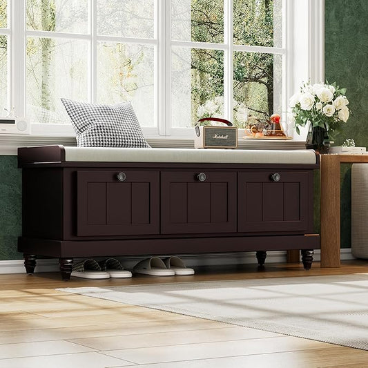 Classic Shoe Storage Bench with Cushion and Three Drawers, Fluted Entryway Bench with Storage for Entryway, Living Room, Hallways 44.0" L x 15.9" W x 18.9" H Espresso