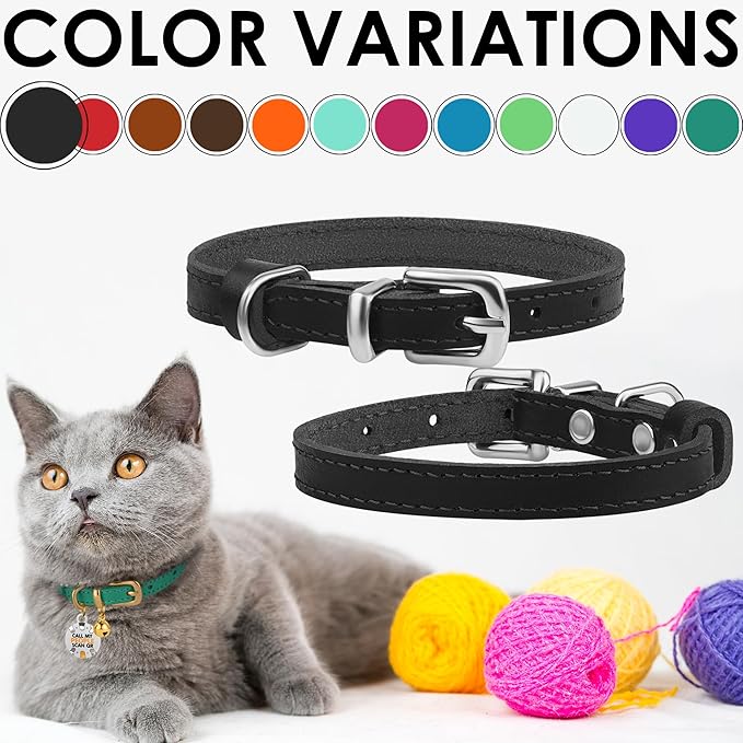 BRONZEDOG Leather Cat Collar with Removable Bells Non Breakaway Kitten QR Tag for Girl Boy (9" - 12" Cats/Mini Dogs, Black & Silver)