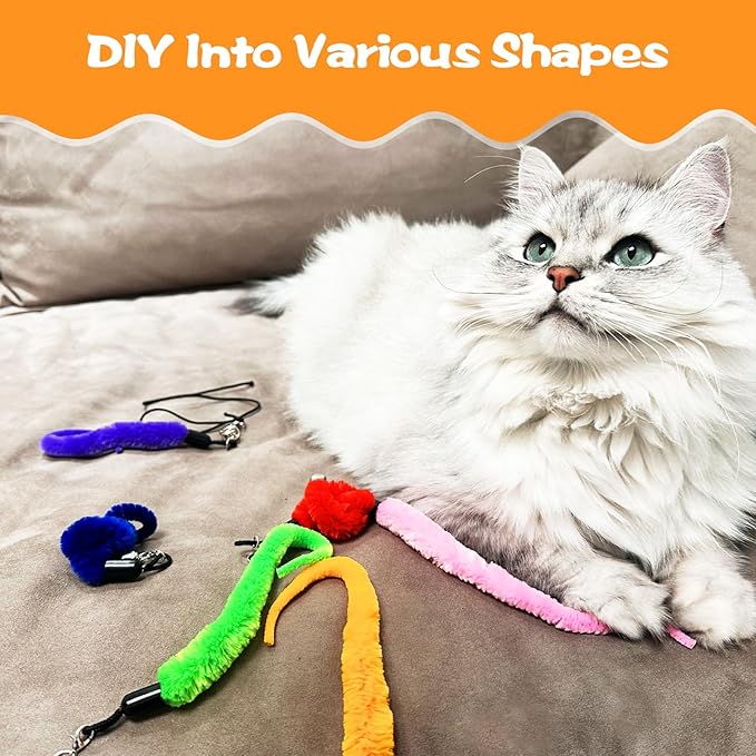 10PCS Cat Worm Toy, Cat Wand Attachment Fuzzy Worm Toys Refill with 1PCS Black String for Wand Replacement, Interactive Cats Kittens Toys for Indoor