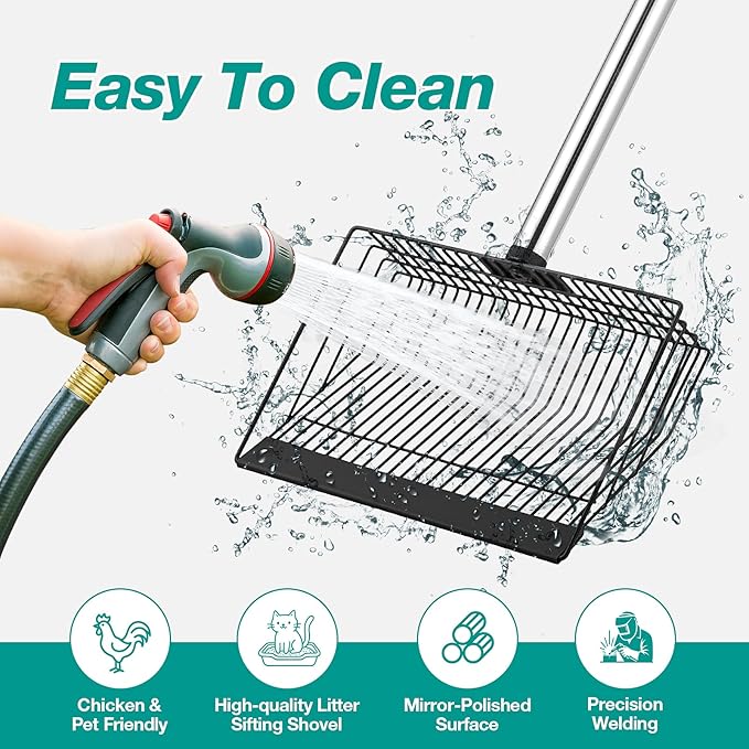 Adjustable Chicken Poop Scooper, Heavy Duty Stainless Steel Chicken Rake with 3-Slot Pole, Multi-Use Pet Waste Shovel & Hay Scooper - 36"/50"/64" Length