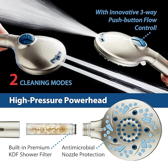 AquaCare High Pressure 10 Spray Mode Filtered Showerhead - Handheld Shower Head Filters Chlorine to Heal Dry Skin, Revive Hair - Dual Power Wash Cleans Tub, Tile, Pets - Hard Water Softener, Nickel