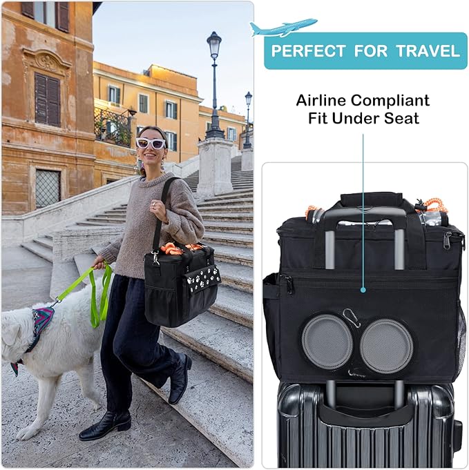 Dog Travel Bag, Airline Approved Dogs Bags for Traveling, 2 Dog 's Food Travel Container and Collapsible Bowls, Weekend Pet Travel Bags