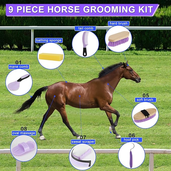 9 Pieces Grooming Kit with Tote Bag, Sweat Scraper, Sponge, Hoof Pick, Curry Comb for Horse Riders Beginners (Purple)