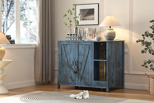 Cat Litter Robot Enclosure, Enclosure for self-Cleaning Litter Boxes,Adjustable Shelf for Dog Proof and Storage,Charging Station,Locks Added for cat,Large Indoor Cat House,Blue