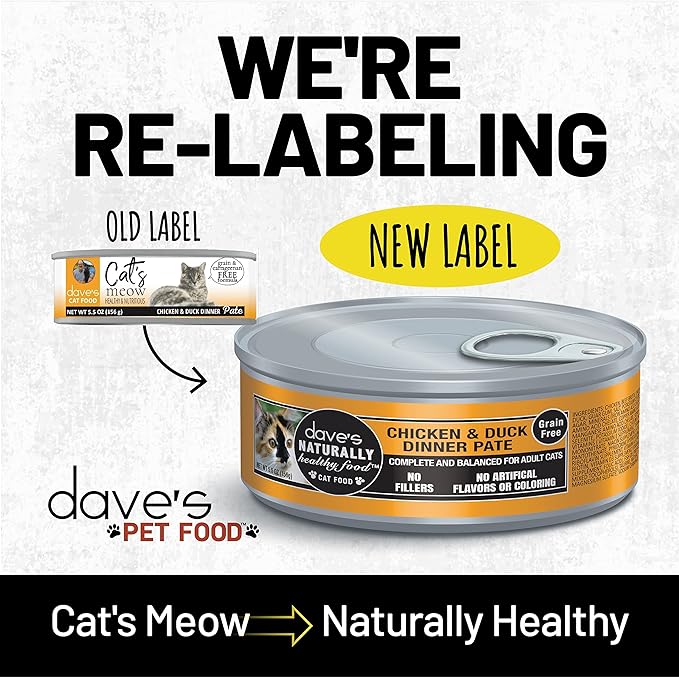 Dave's Pet Food Grain Free Wet Cat Food Pate (Chicken & Duck Dinner), Made in Canada Naturally Healthy Canned, Added Vitamins & Minerals, 5.5 oz Cans (24 Pack)