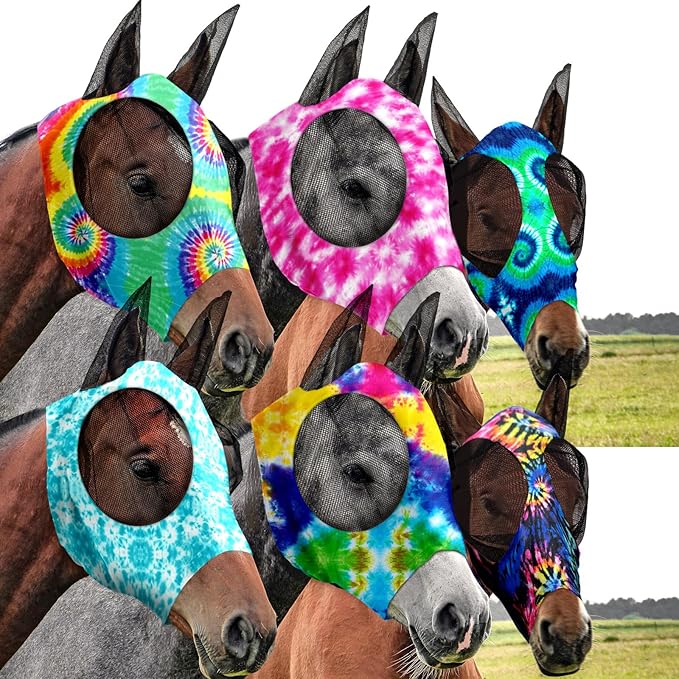Chunful 6 Pcs Horse Fly Masks with Ears Smooth and Comfortable Cashel Mesh Fly Mask Elasticity Breathability UV Protection Horse Face Covering for Riding Supplies(Tie Dye,Medium)