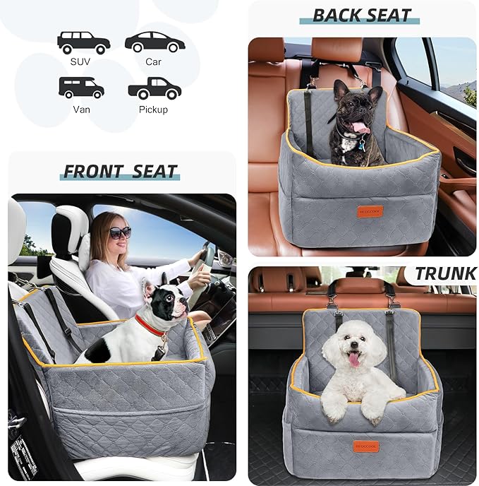 Dog Car Seat for Small Medium Dogs, Memory Foam Puppy Dog Booster Seat with Thick Cushion for Dogs Under 35lbs, Detachable Washable Pet Car Seat Travel Bed with Storage Pockets,2 Safety Belts