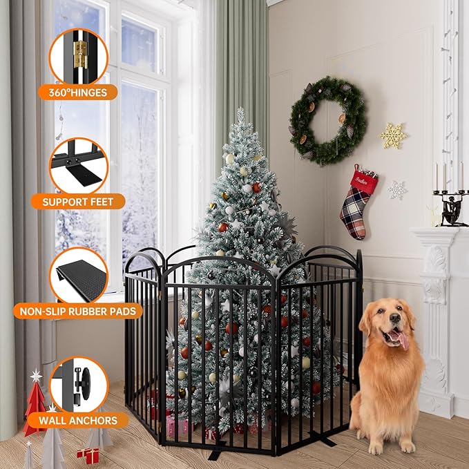 8 Panles Full Matel Freestanding Dog Gates with Door, 192"Extra Wide 36"Tall Free Standing Dog Pet Gate for Indoor & Outdoor. Foldable Pet Fences for Doorways, House, Stairs, Porch, Deck, Yard
