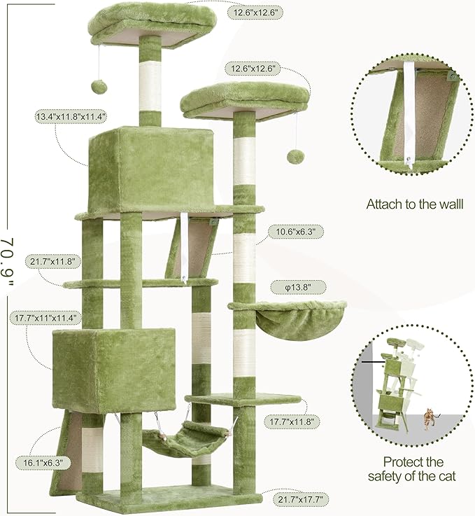Cat Tree for Indoor Cats, 71'' (180cm) Multi-Level Cat Tower for Large Adult, Sturdy Cat Tree House with 2 Scratching Boards 7 Posts, 2 Plush Perches/Condos, Hammock, Green GCT032GR