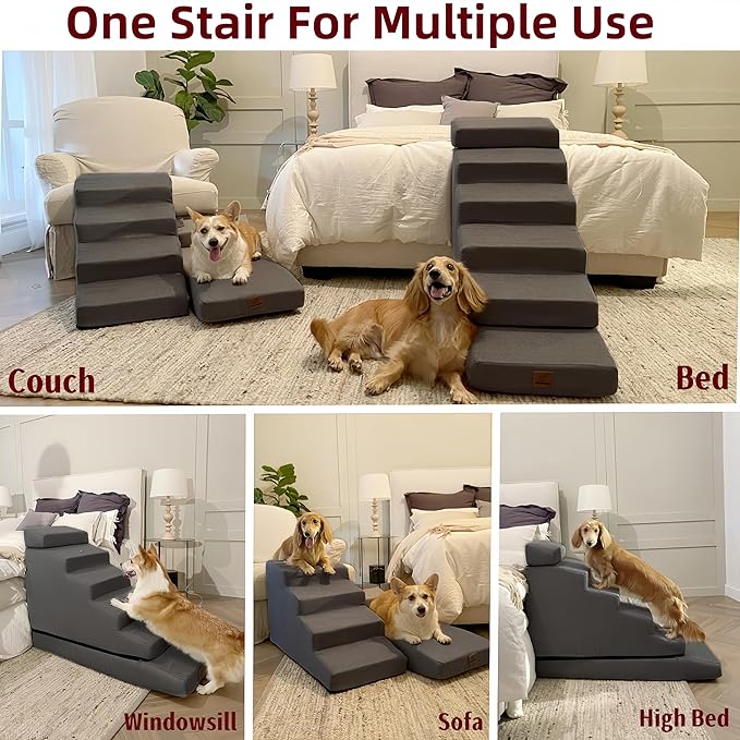 Dog Stair ramp for 30 inch high beds. 6-Step Dog Stair Ramp for 20 to 36 Inch Sofa Beds. Pet Steps for Small, Medium and Large Dogs. Non-Slip, Balanced and Portable. Multifunctional 6 Steps, Gray.