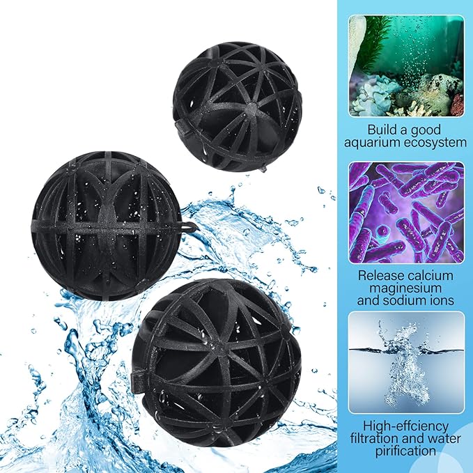 CHENGU 300 Pieces Black Bio Balls for Aquarium 1.02 Inch Internal Bioballs with 5 Pieces Aquarium Filter Media Bags with Zipper for Fish Tank Pond