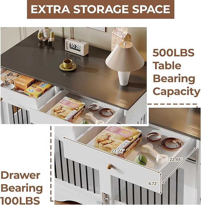 Dog Furniture Crate, 47" Large Dog Crate Furniture w/ 2 Storage Draws & Removable Divider for Large/Medium/Small Dogs (White, Double Cage)